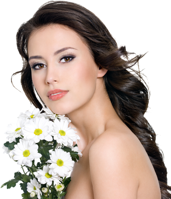 Woman with daisies and flowing hair.